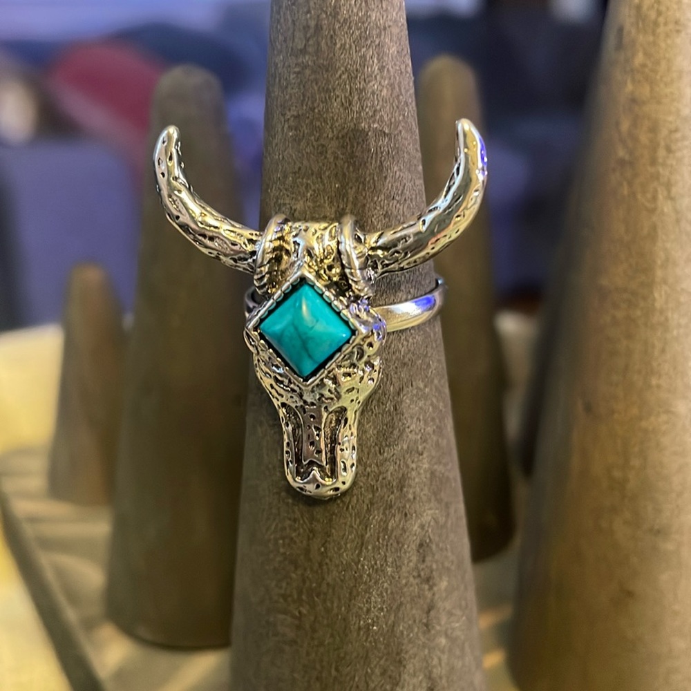 Steer Silver tone ring with faux turquoise